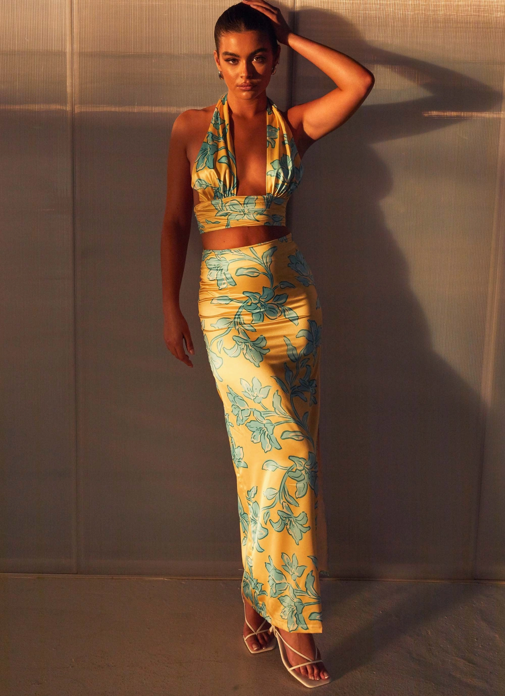 Amalia Satin Maxi Skirt - Golden Bloom Elasticized Hem Sheer Overlay