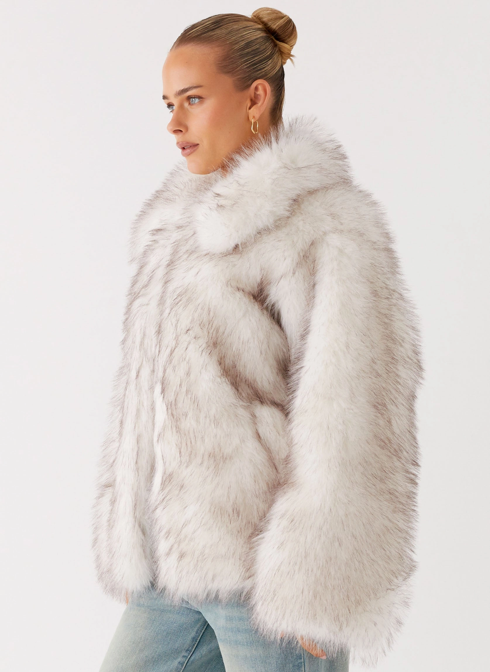 Novera Faux Fur Jacket - White Grey Convertible Collar Style Multi Purpose Loops