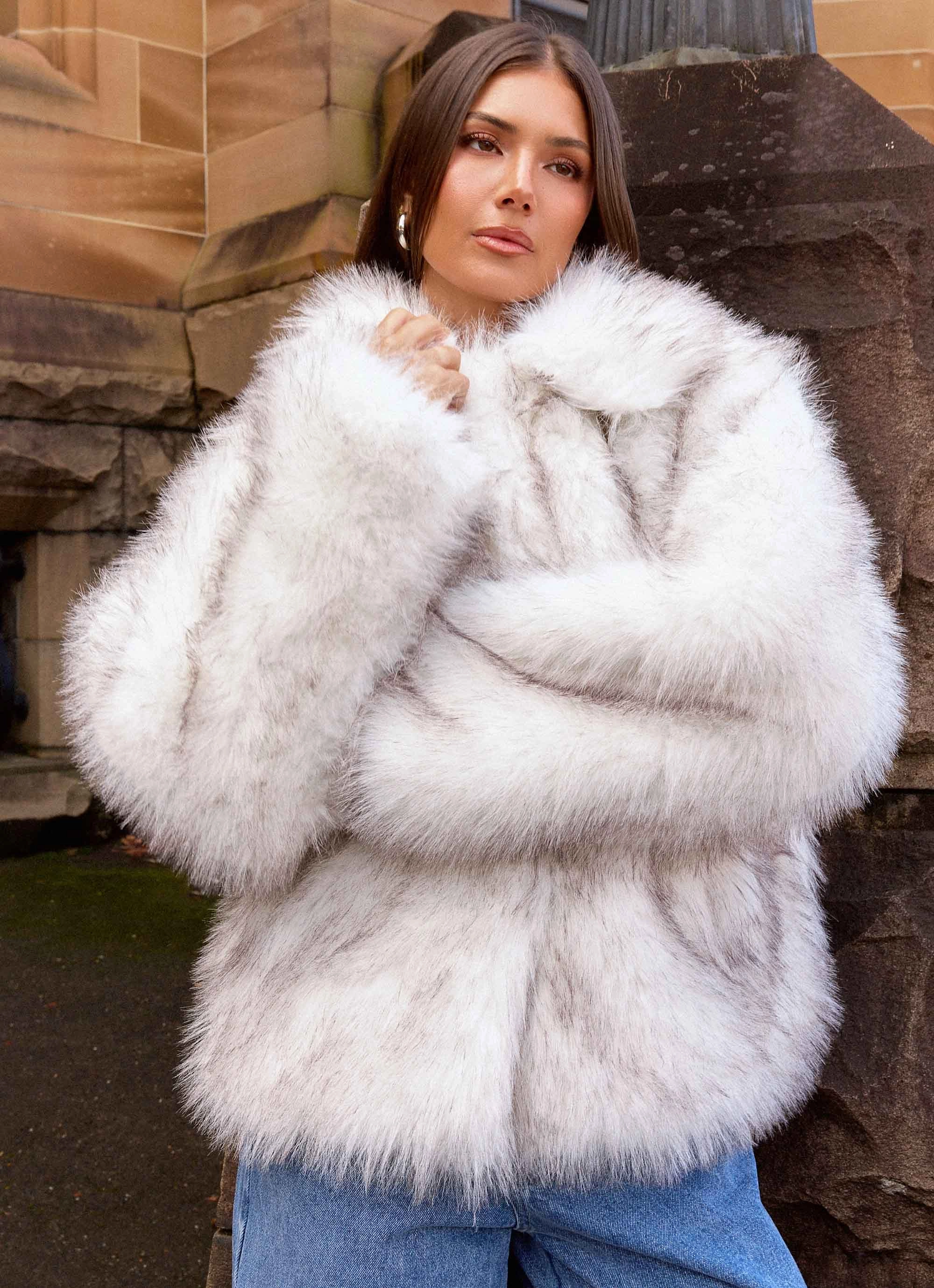 Novera Faux Fur Jacket - White Grey Mid Length Cut