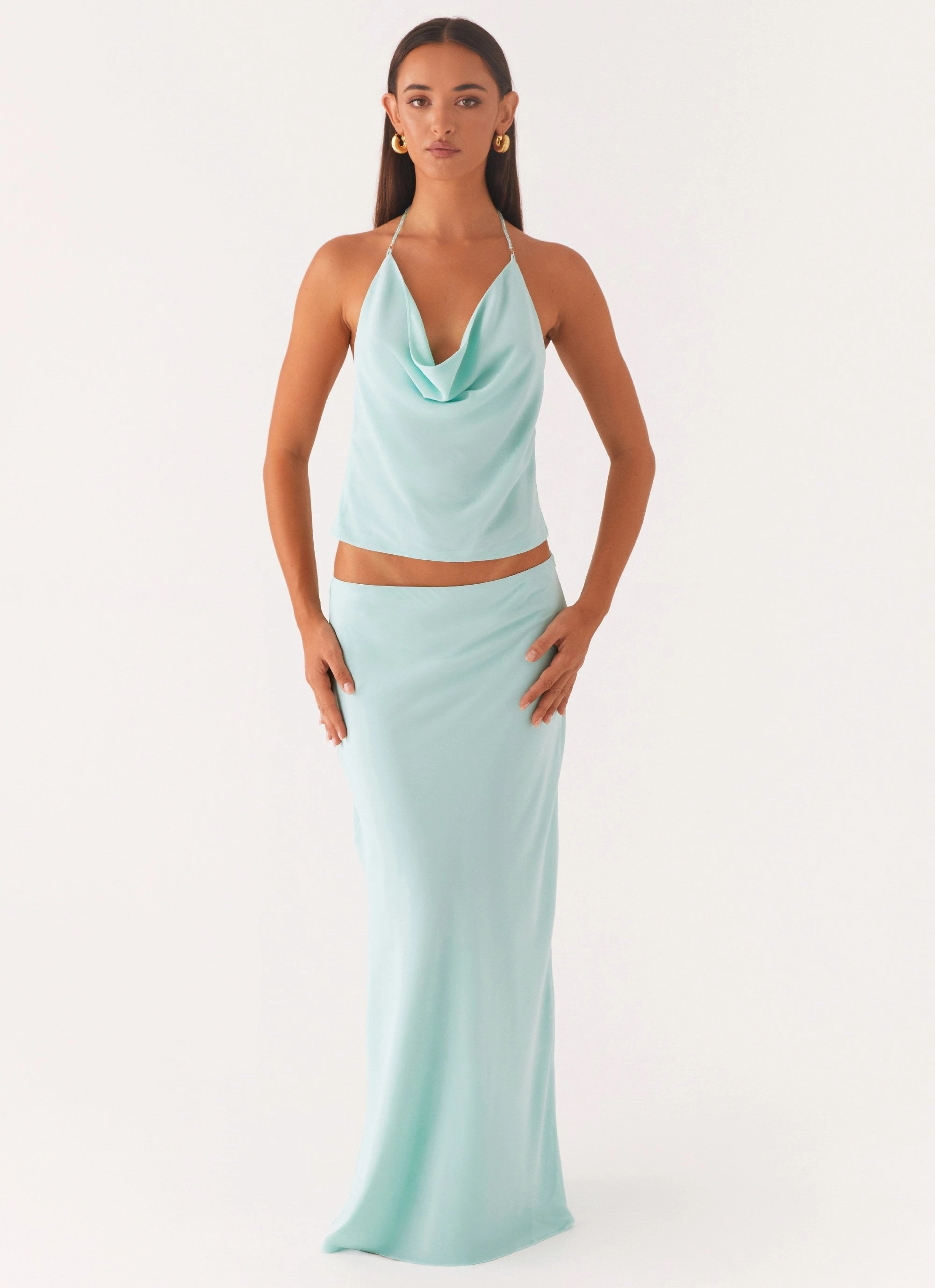 Outfit Moodboard Tailored Cut Another Life Chiffon Maxi Skirt - Pale Blue