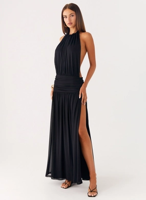 High Hemline Solena Halter Neck Maxi Dress - Black