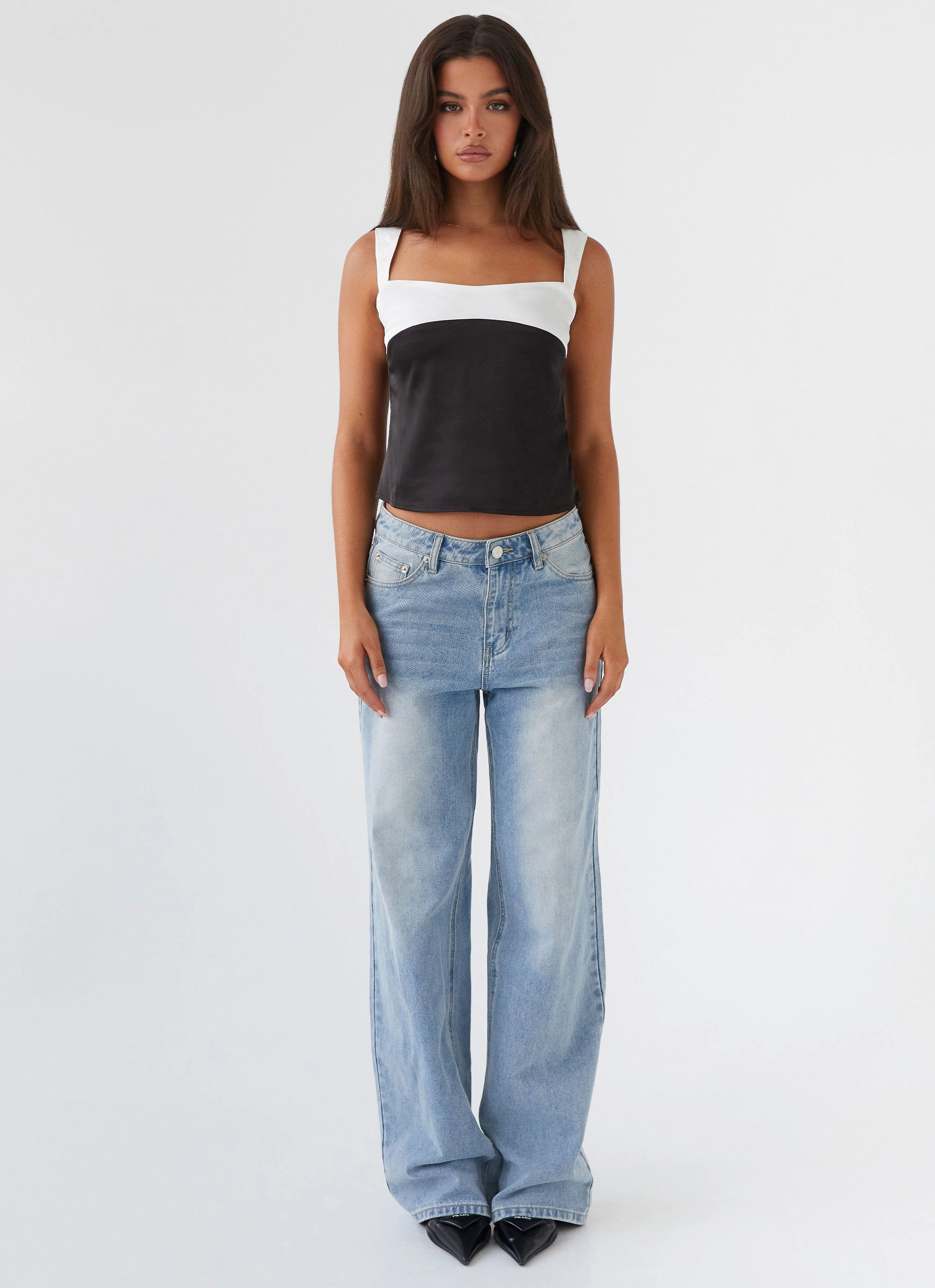 Lylah Satin Top - Onyx Sandwich Mesh Panel Structure Ribbed Collar Style