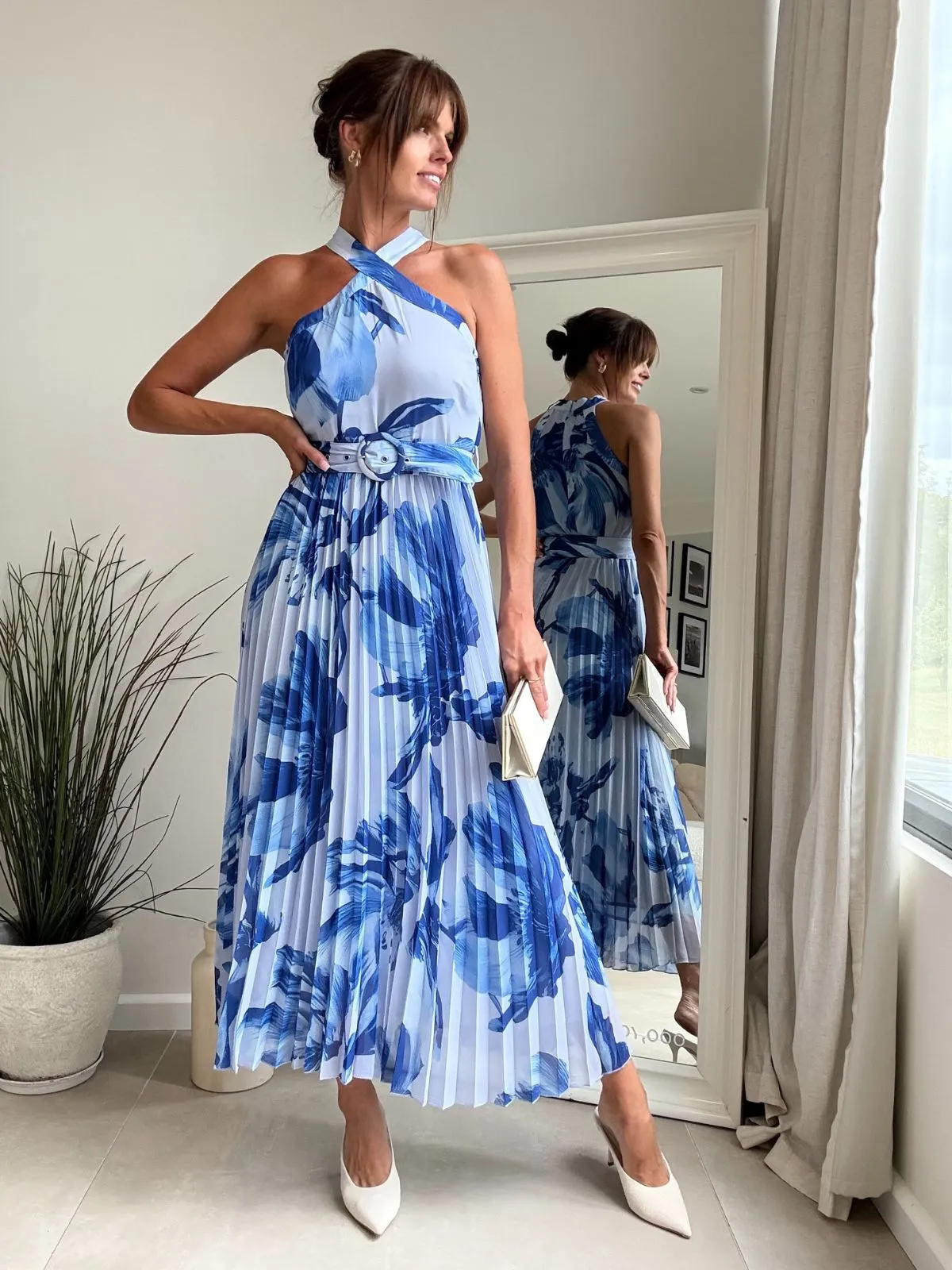 Smart Lines Elegant Waistband Paige Halter Pleated Belted Dress / Blue Floral