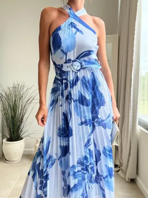 Paige Halter Pleated Belted Dress / Blue Floral Modern-style Bridal-Shower