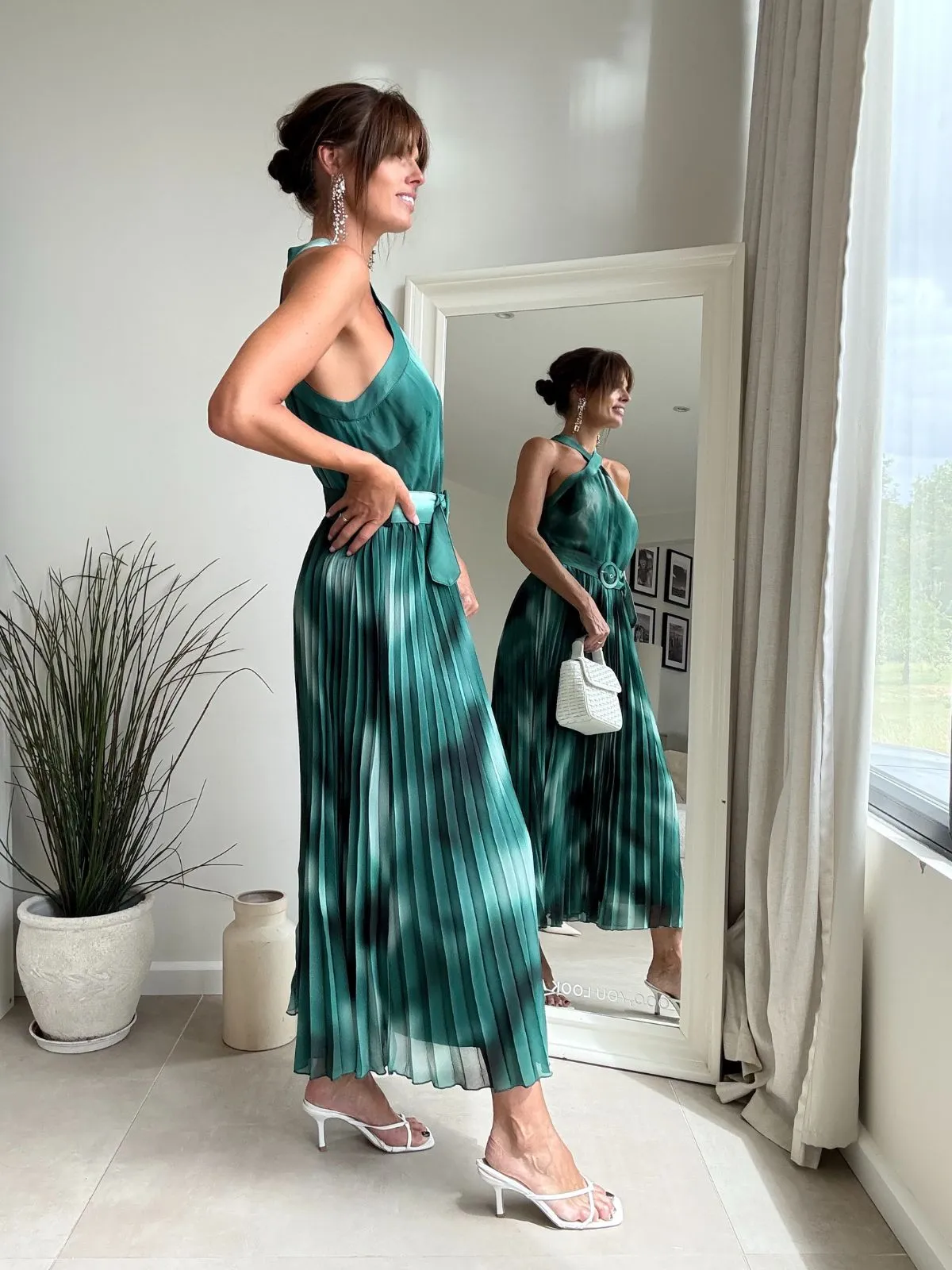 Paige Halter Pleated Belted Dress / Green Print Removable-Straps Minimal Curve