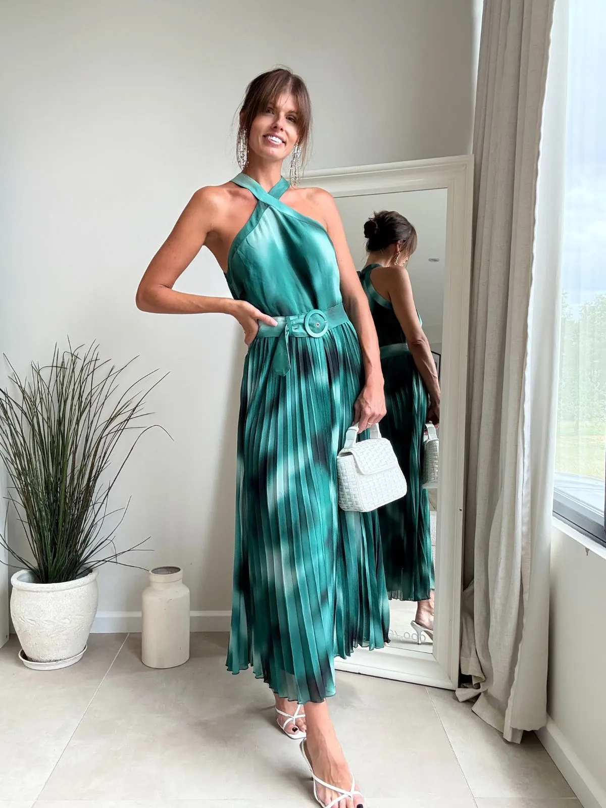 Formal Style Paige Halter Pleated Belted Dress / Green Print