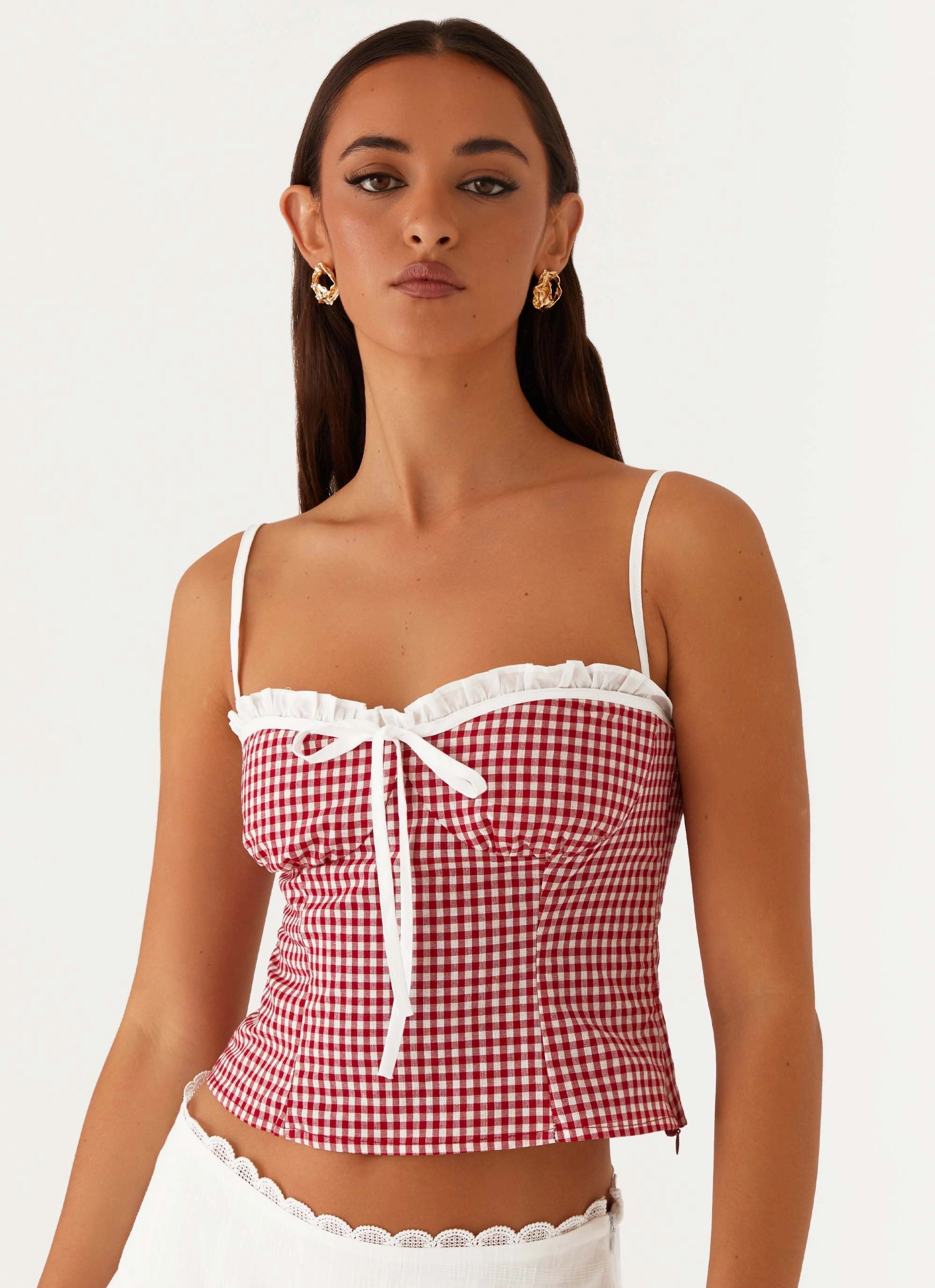Palmer Ruffle Bustier Top - Red Gingham Resilient Fabric Blend