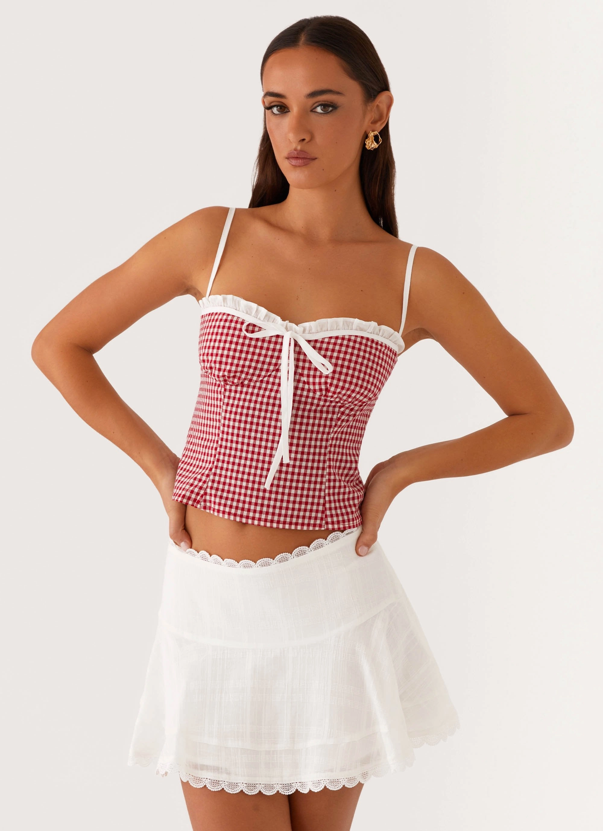 Palmer Ruffle Bustier Top - Red Gingham Raw Edge Finish Anti Pilling Finish