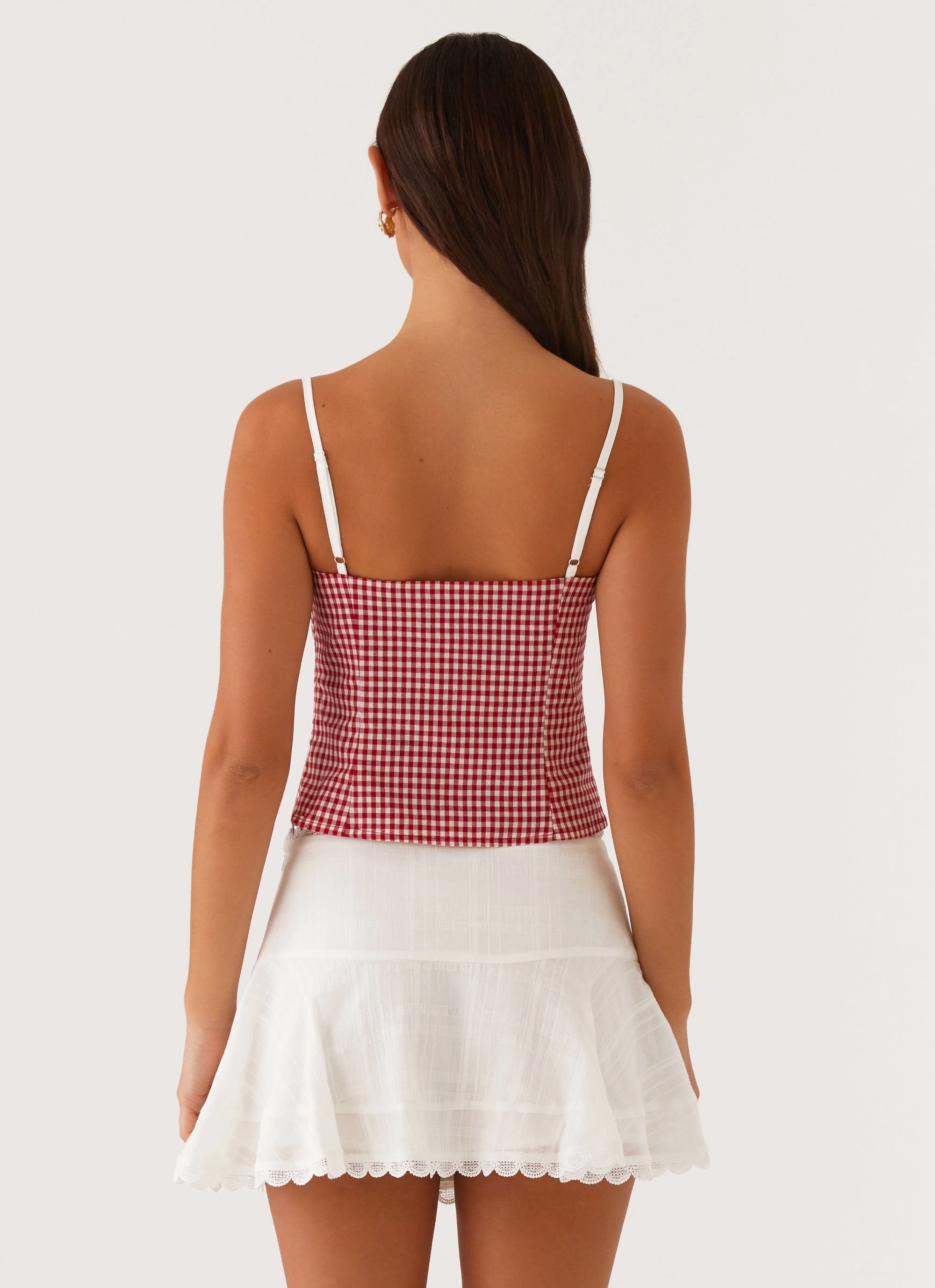 AthleisureReady WrinkleResistant Cloth Palmer Ruffle Bustier Top - Red Gingham