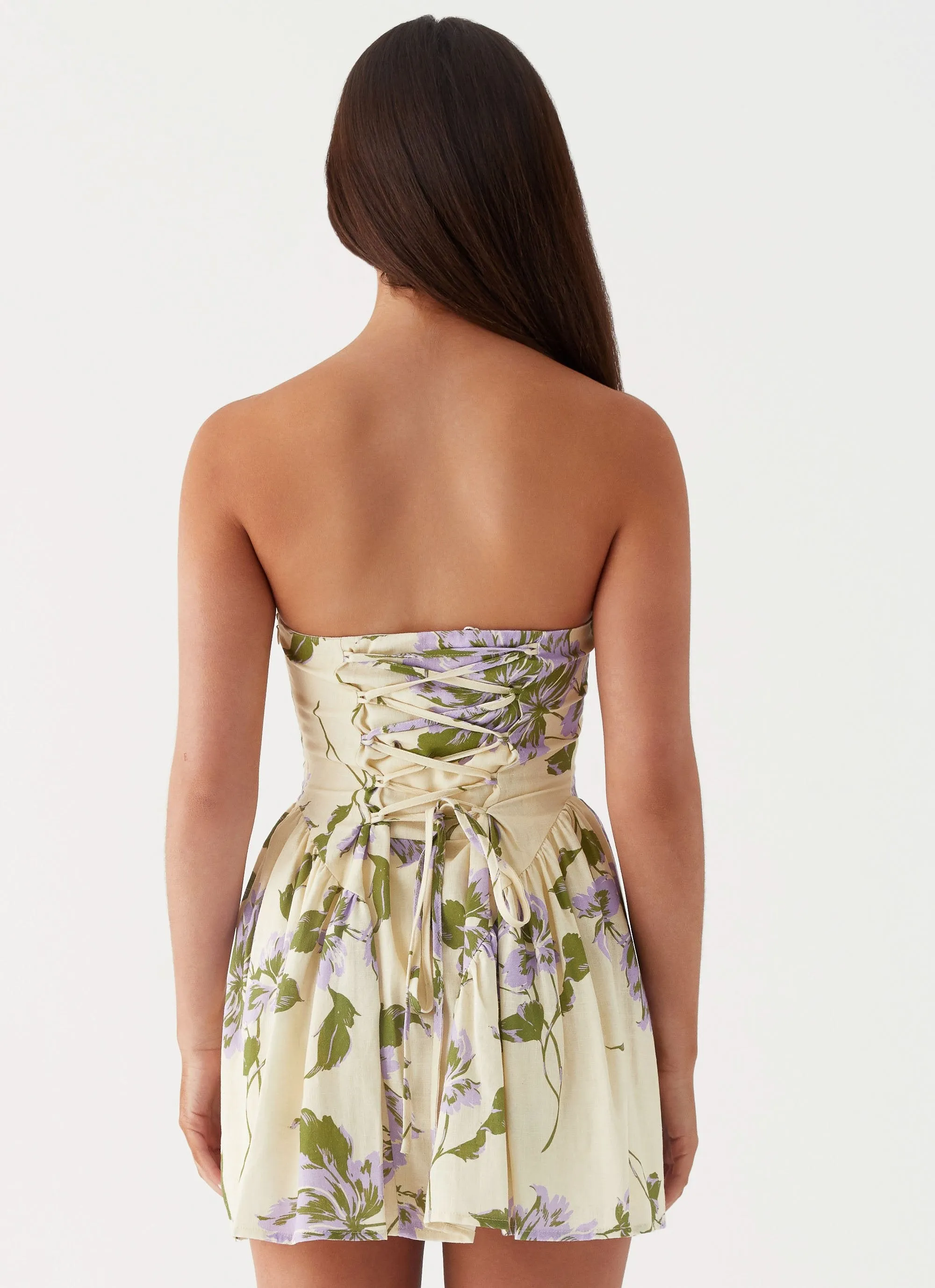 Flexible Design Elegant Waist Fit Pardon My French Linen Mini Dress - Yellow Purple Floral