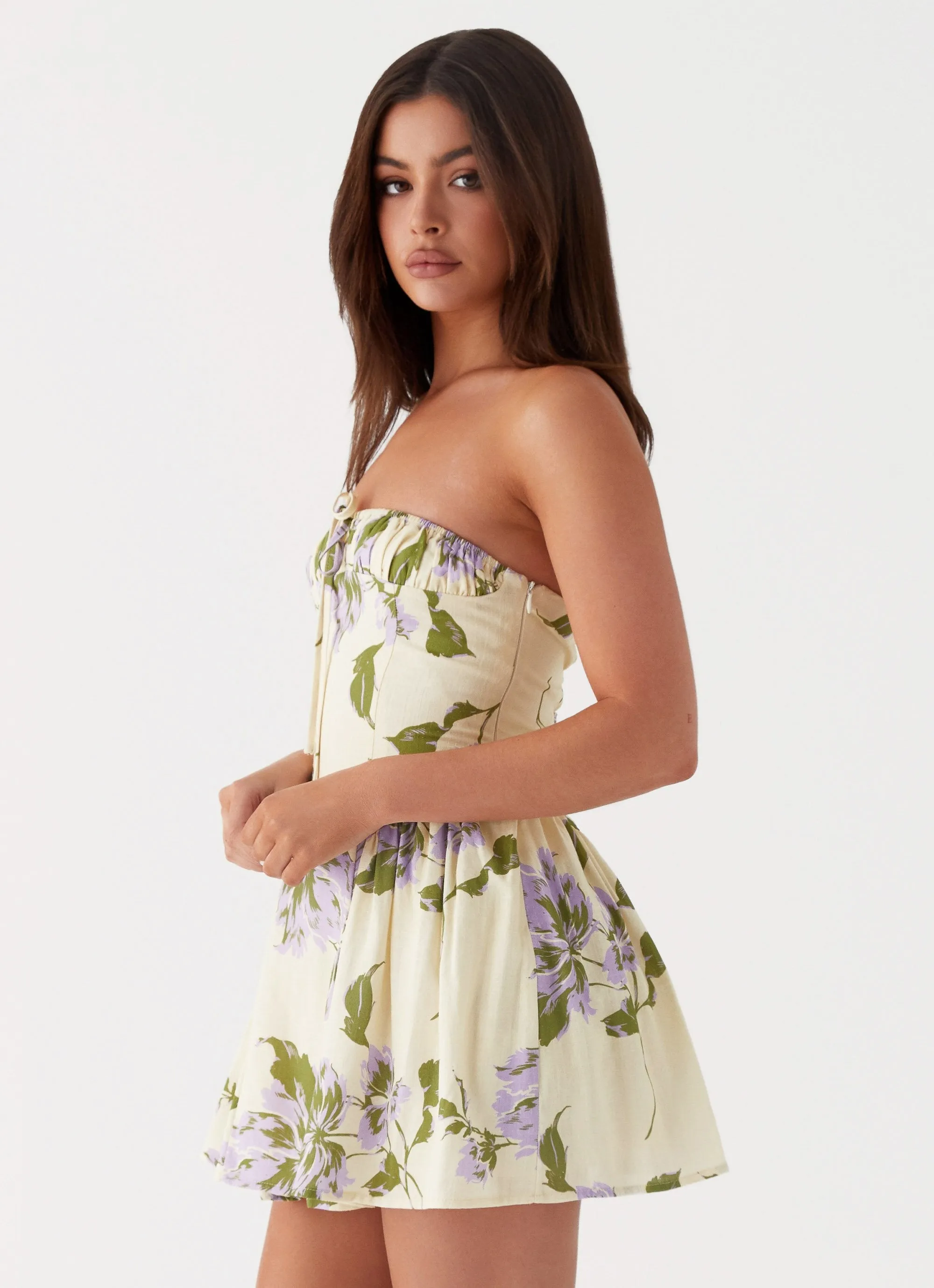 Pardon My French Linen Mini Dress - Yellow Purple Floral Casual and Smart