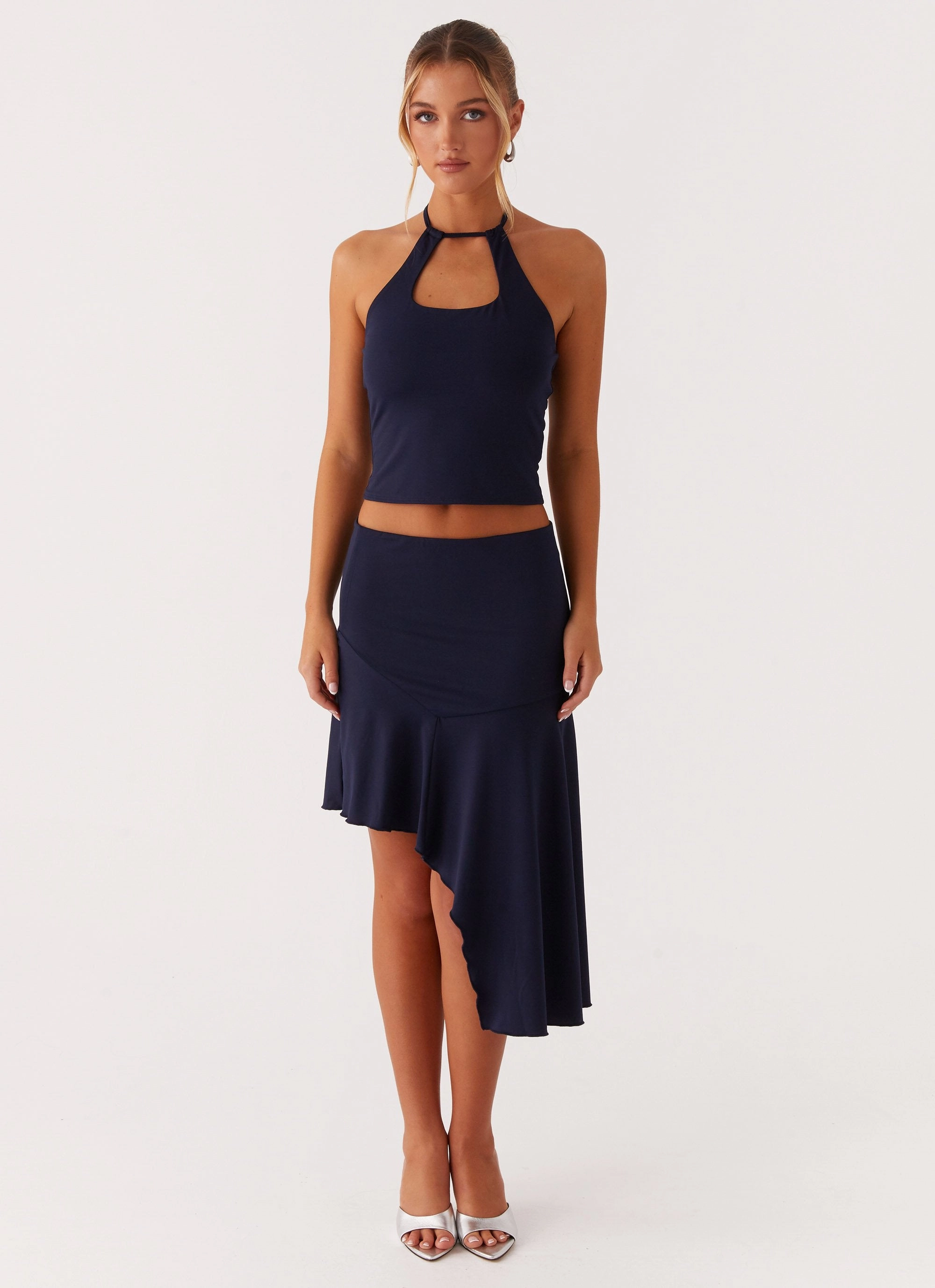 Paris Nights Halter Top - Navy Ultraviolet Protection Finish Asymmetrical hem