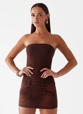Tonal-Stitching Light Shape Heading South Mini Dress - Brown