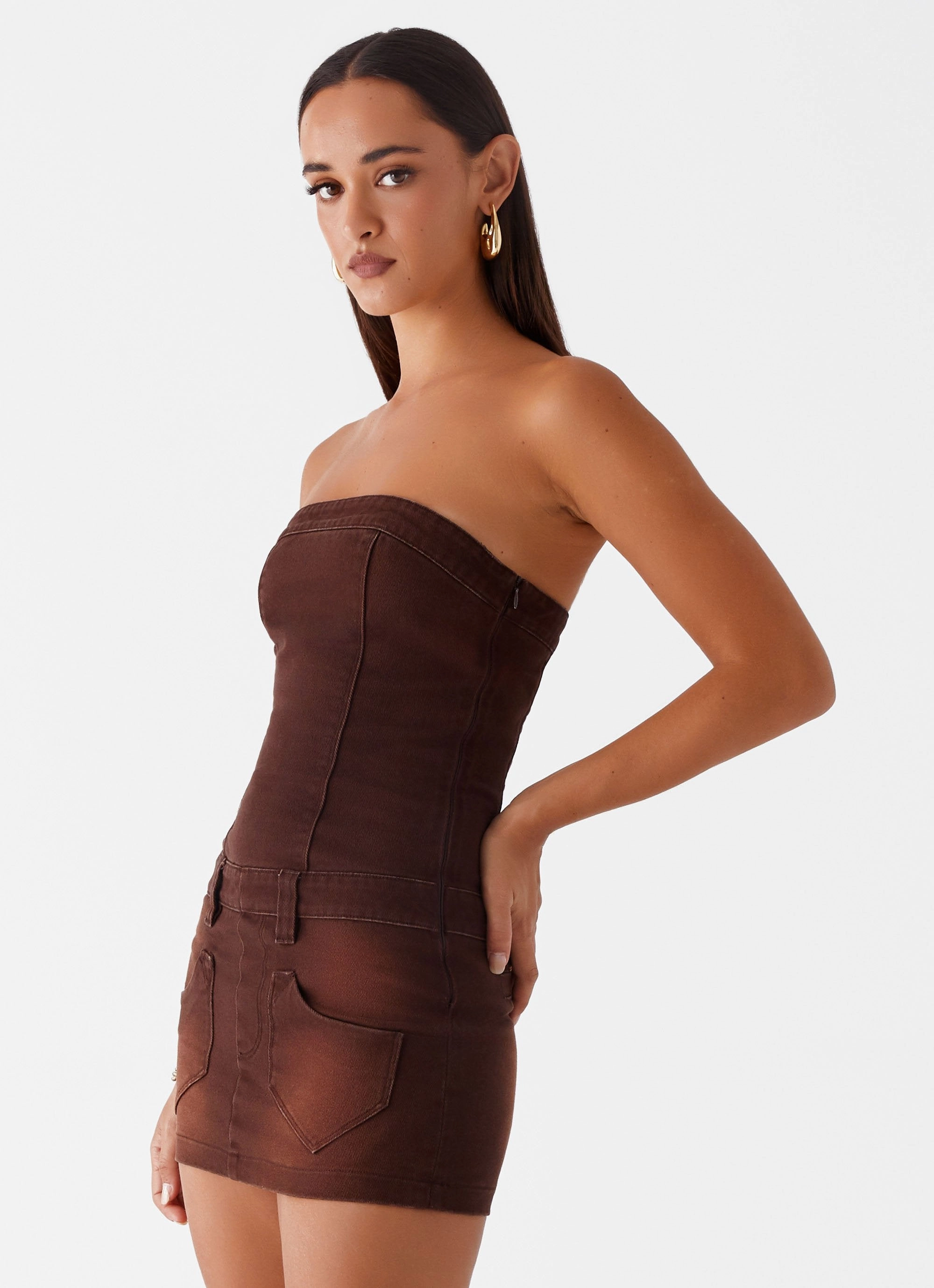 Heading South Mini Dress - Brown Silky Shape Quick Fit