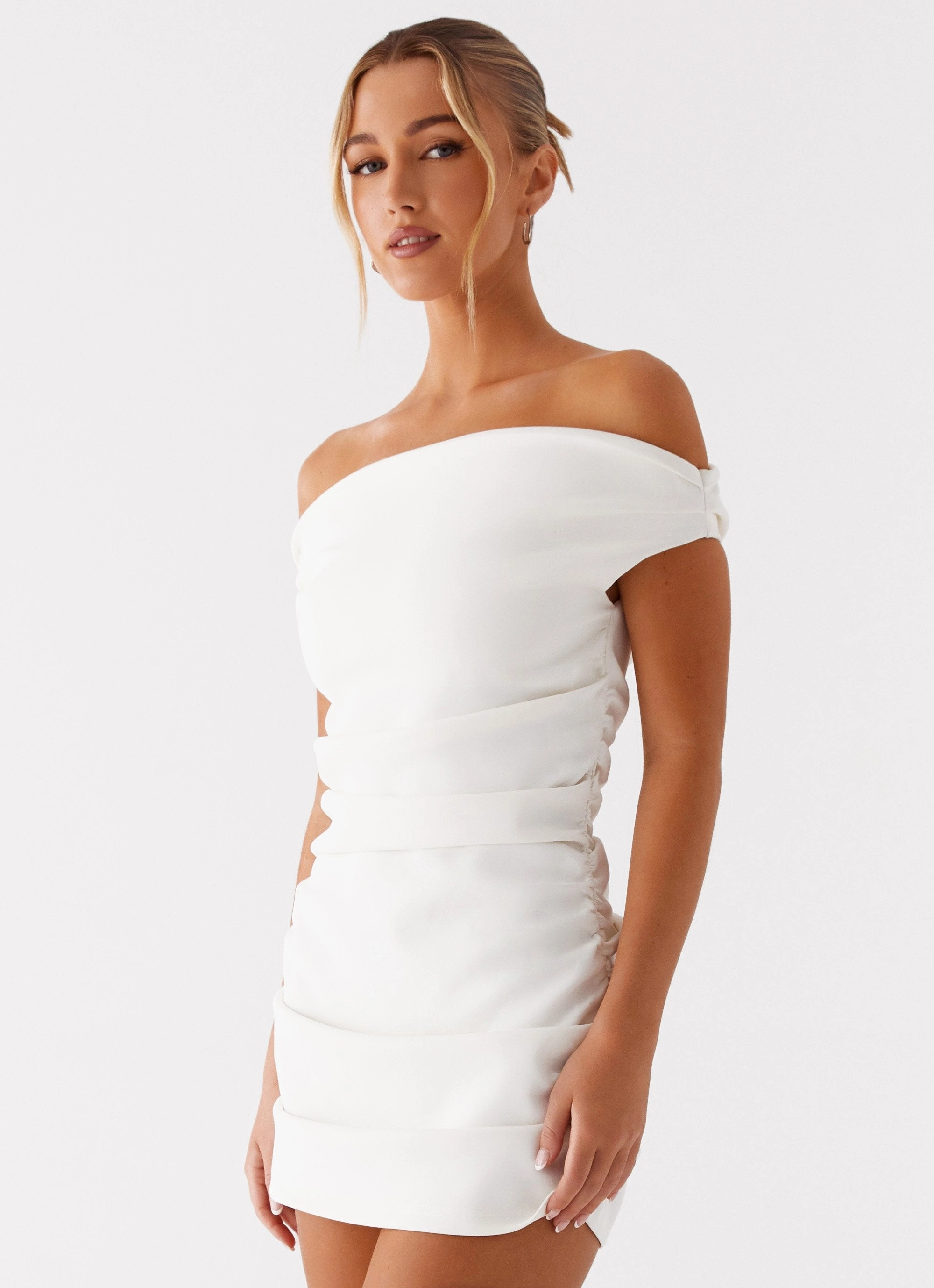 Gentle Drape Bold-Color Morgan Off Shoulder Mini Dress - Ivory