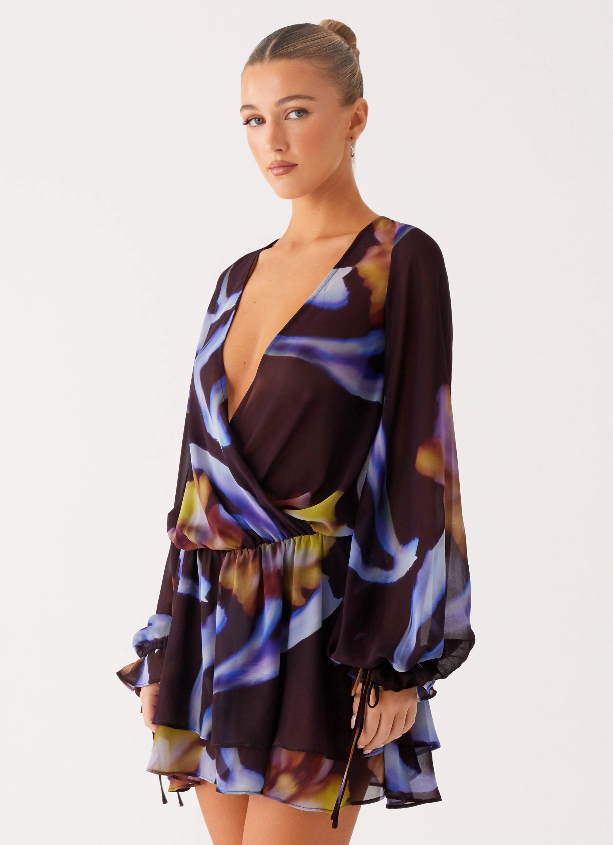 Passion Long Sleeve Mini Dress - Dark Floral Stylish and Simple Modern Appearance