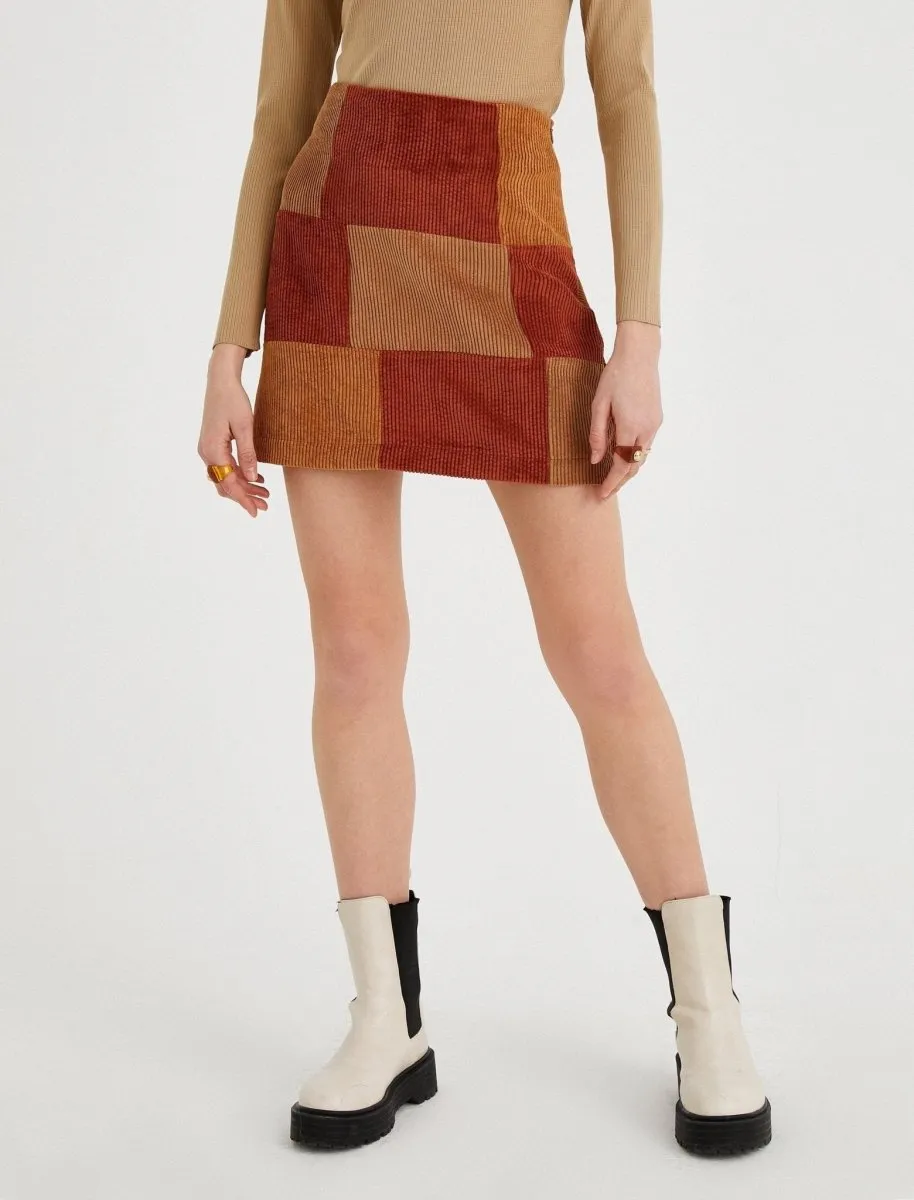 Patchwork Cord Mini Skirt in Beige