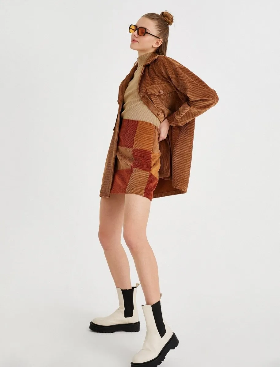 Patchwork Cord Mini Skirt in Beige