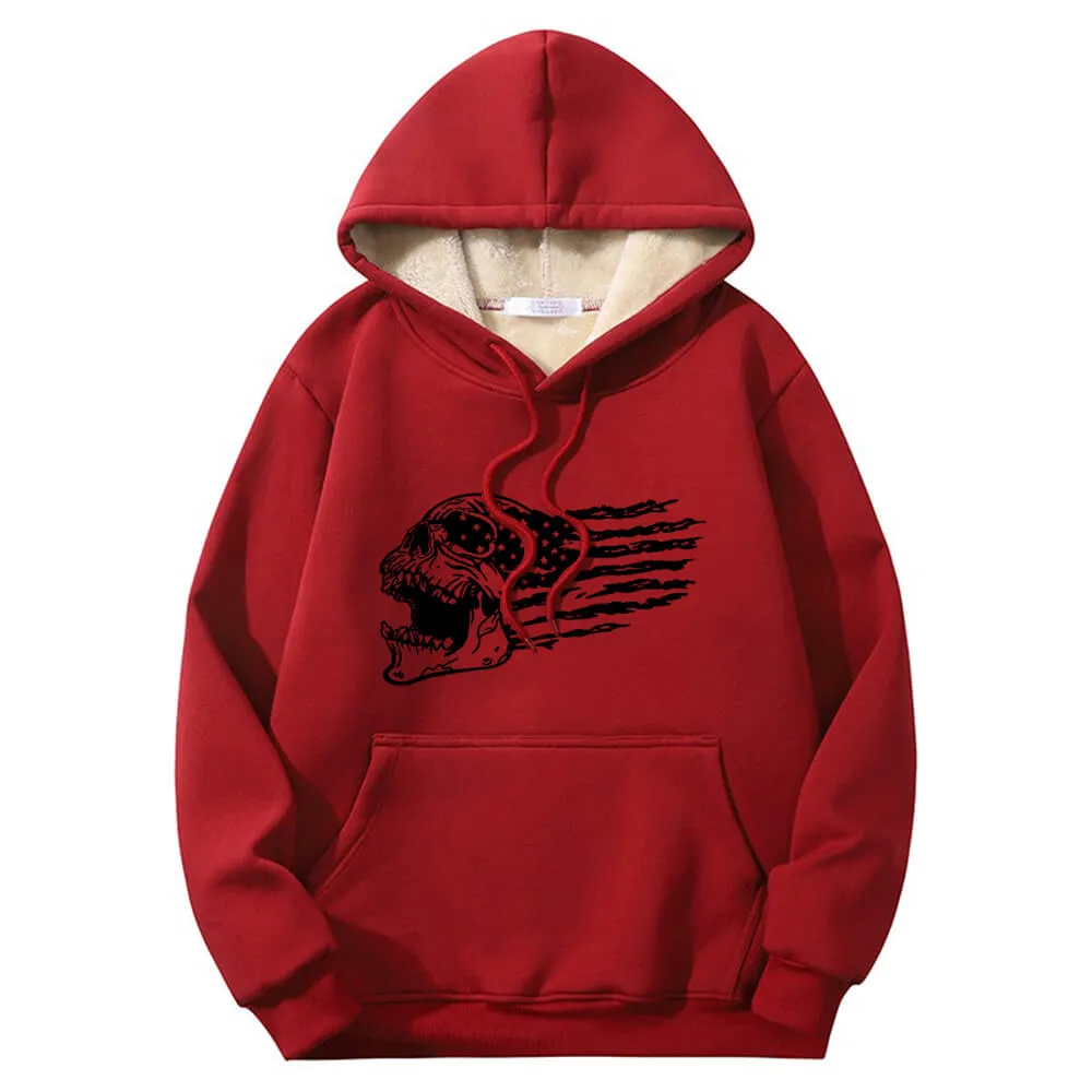 Patriotic Skull American Flag Fleece Sherpa Crew Collar Hoodie