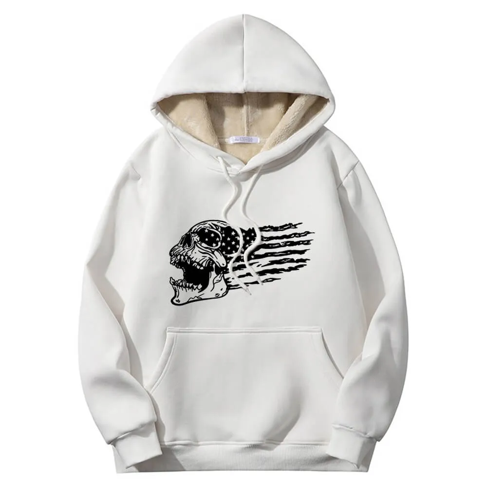 Patriotic Skull American Flag Fleece Sherpa Crew Collar Hoodie