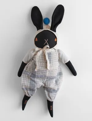 PDC Large Black Rabbit in Wool Bonnet and Handwoven Fabrics