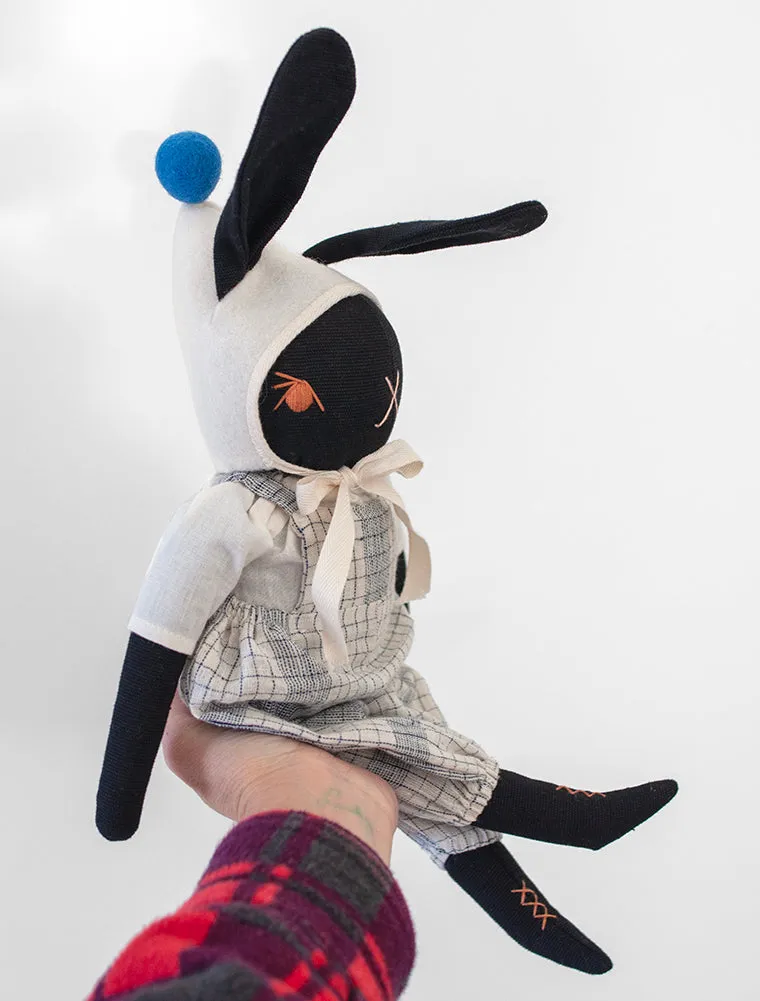 PDC Large Black Rabbit in Wool Bonnet and Handwoven Fabrics