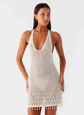 Sleek Design Fit Pearl Shore Beaded Crochet Mini Dress - Ivory