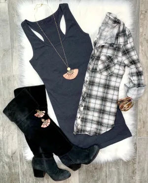Penny Plaid Flannel Top - Grey