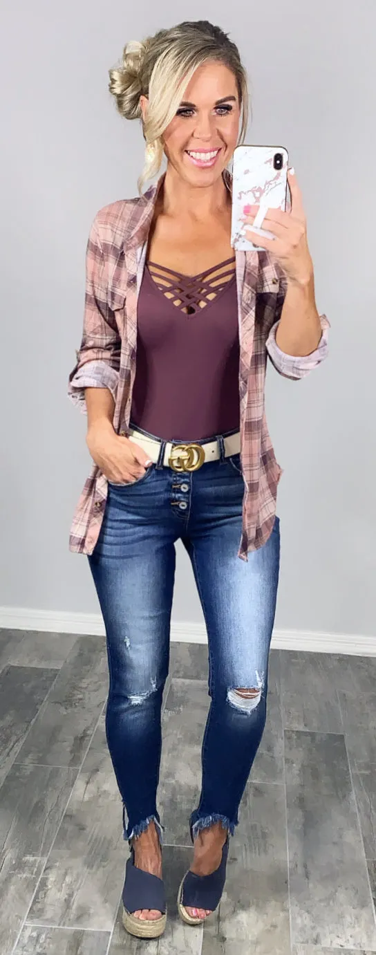 Penny Plaid Flannel Top - Rose/Plum