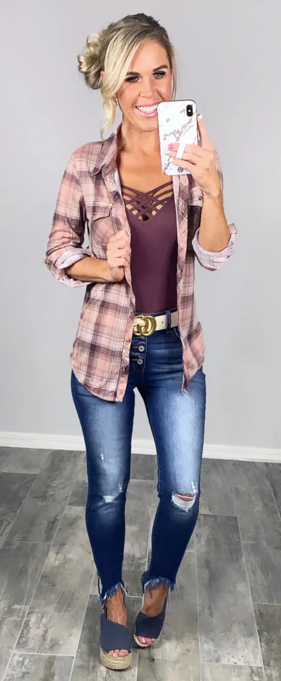 Penny Plaid Flannel Top - Rose/Plum