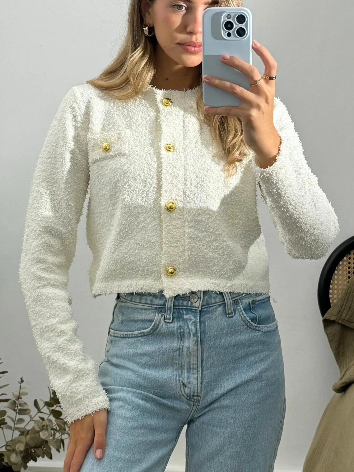 Penny Popcorn Knitted Cardigan in Cream Twisted Cable Pattern elastic waistband
