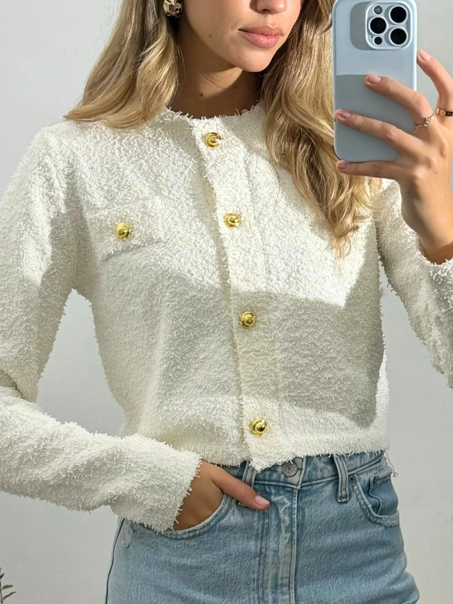 Penny Popcorn Knitted Cardigan in Cream Street Casual Style Thermal regulation