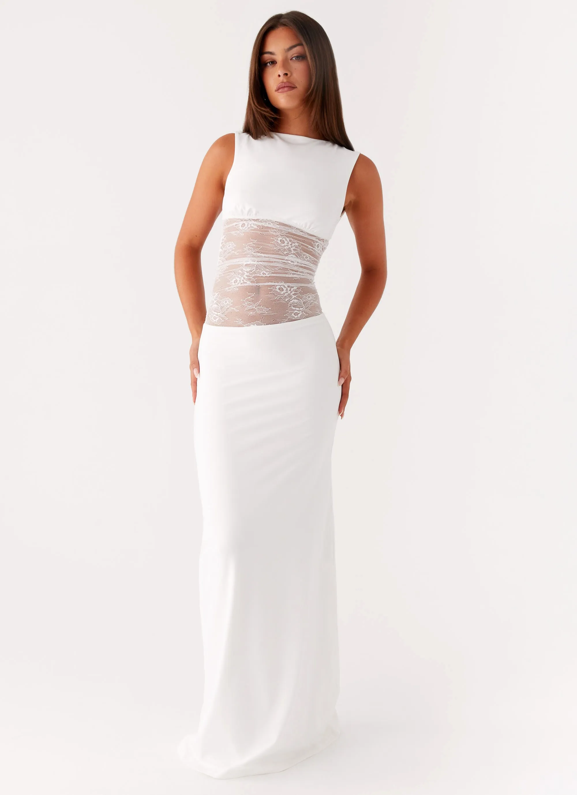 Medina Lace Maxi Dress - White Sunset Scene Evening Event