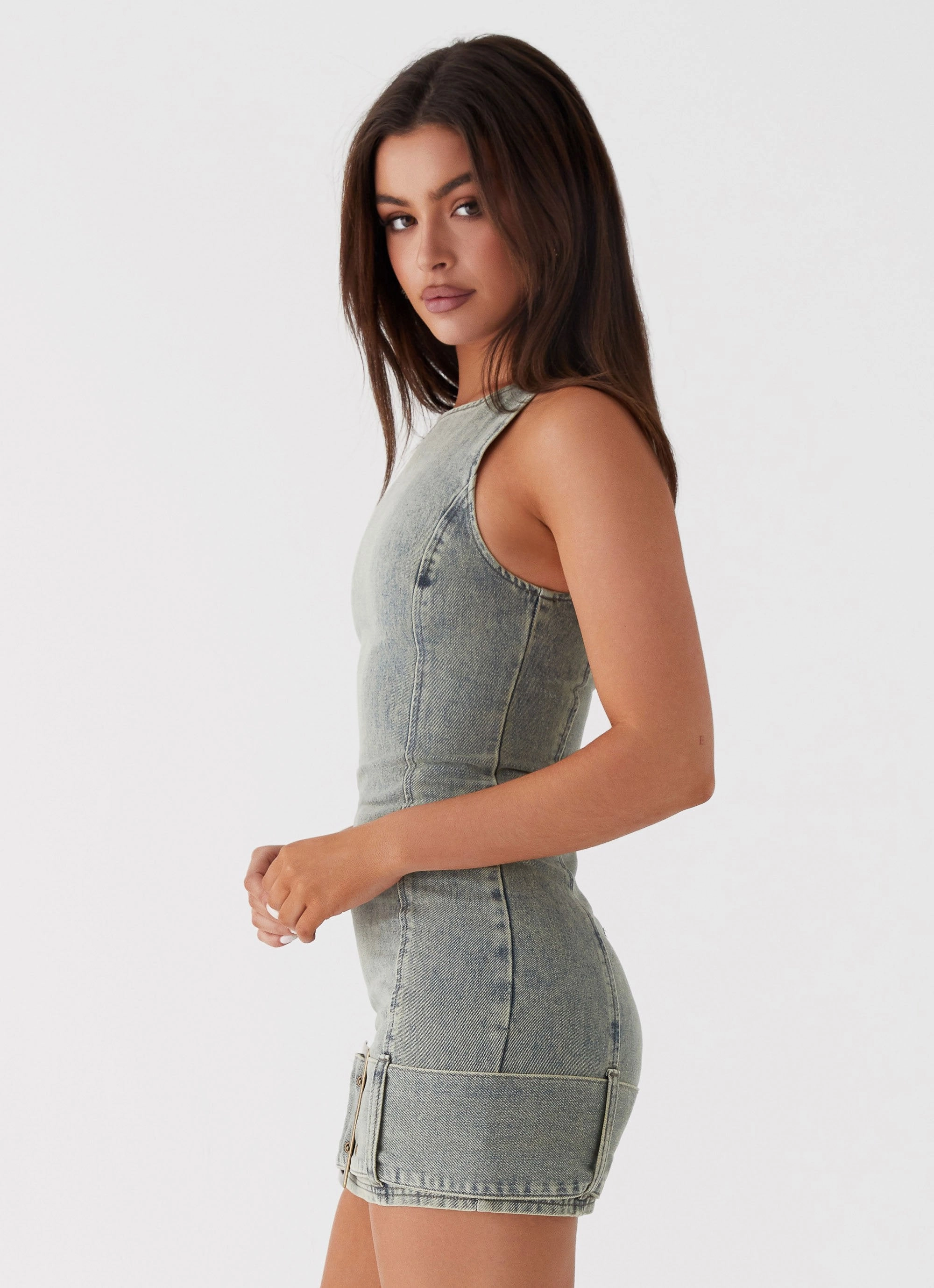 Gathered Skirt Eye Appeal Dark Matter Mini Dress - Washed Denim