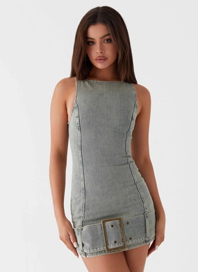 Rose Flush Vacation Vibes Dark Matter Mini Dress - Washed Denim