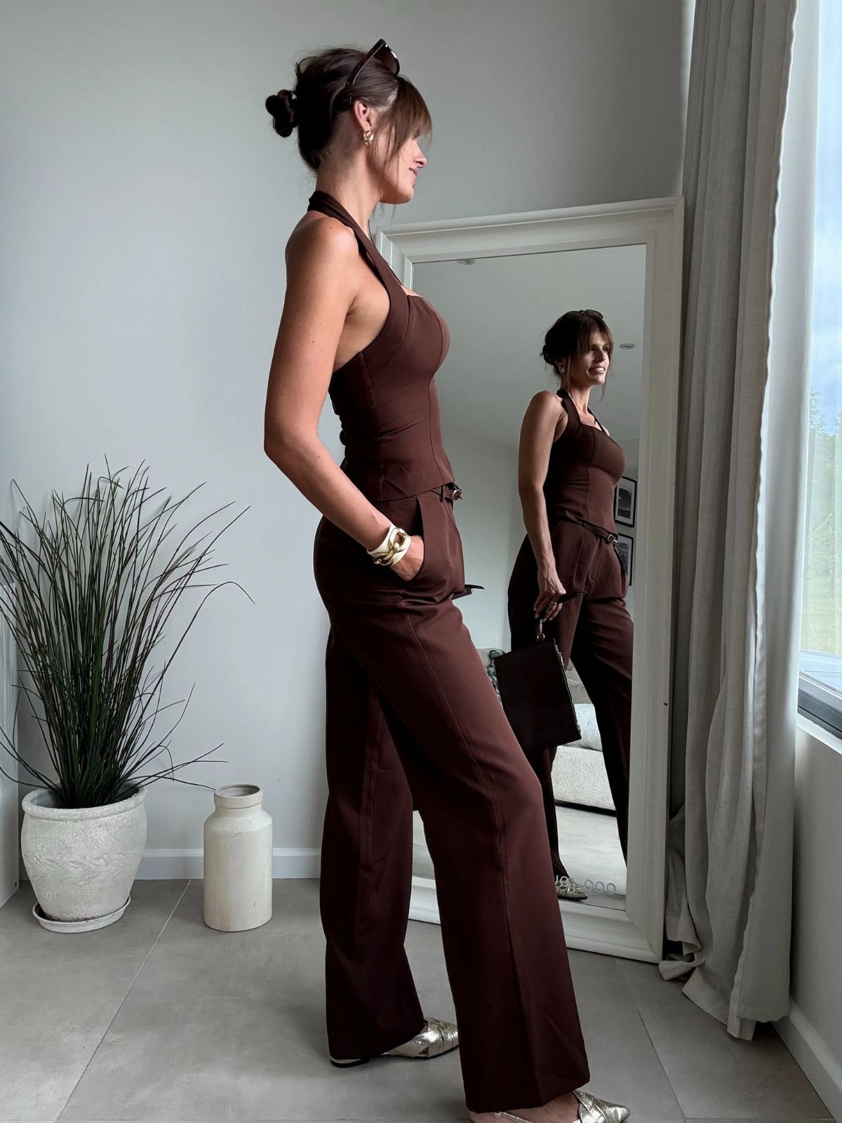 Stylish Waistband Streetwear vibe Celine Tailored Trouser Chocolate brown