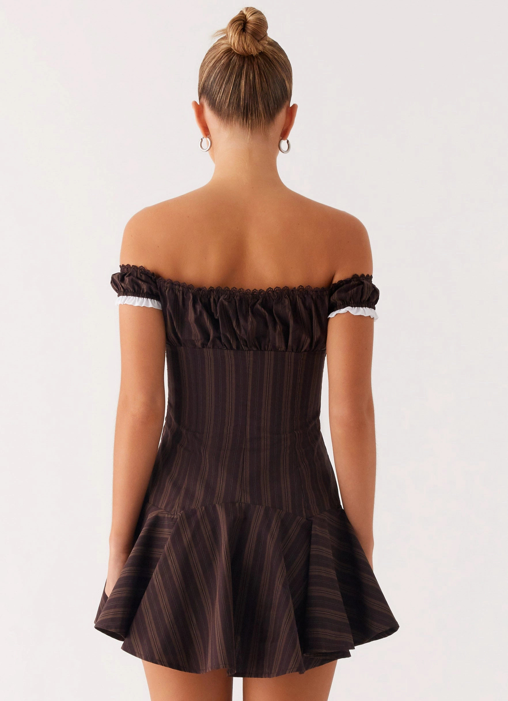 Form Fitting Airy Base Jumana Off Shoulder Mini Dress - Toffee Stripe