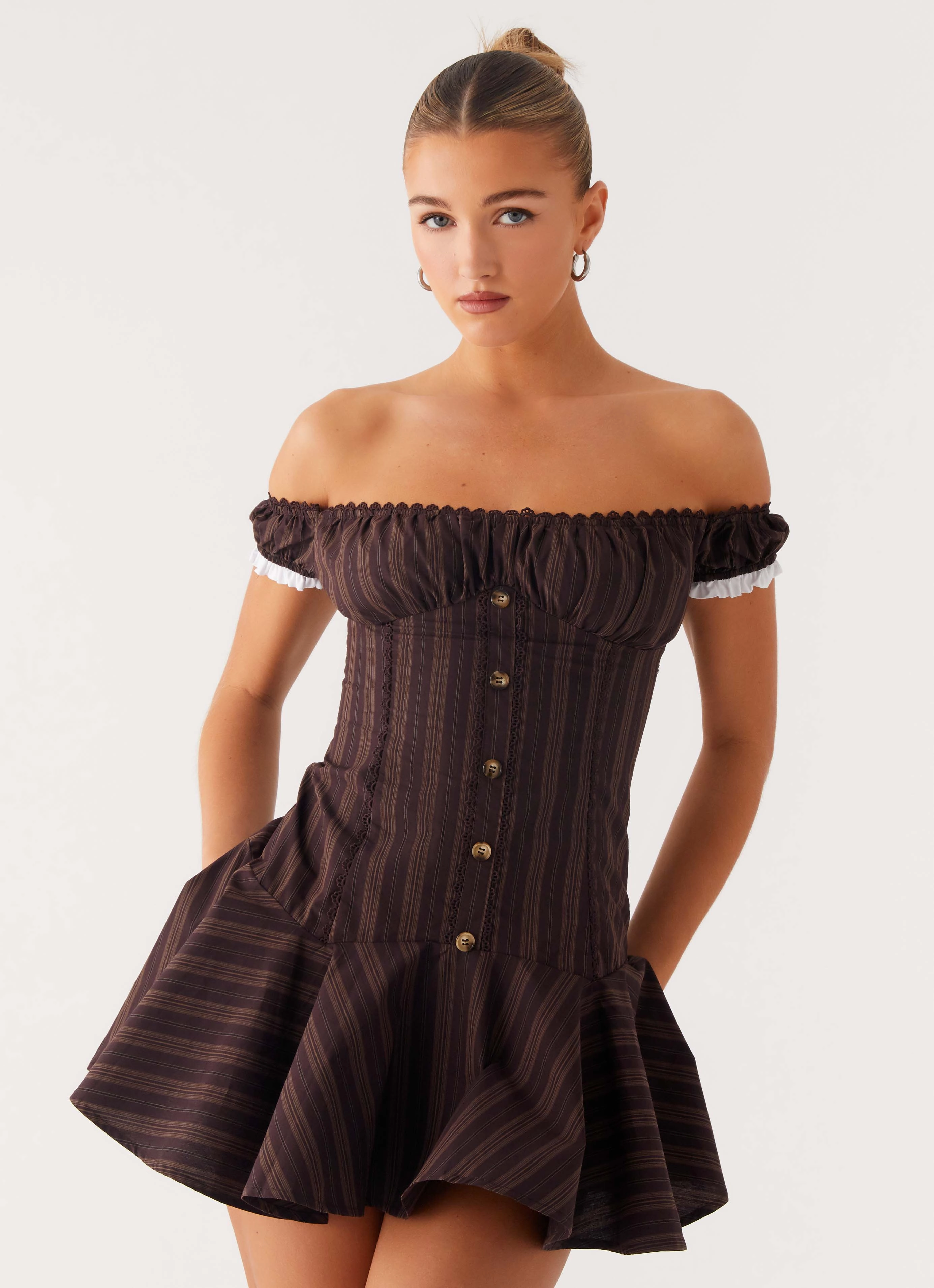 Jumana Off Shoulder Mini Dress - Toffee Stripe Calm Flow Subtle pattern