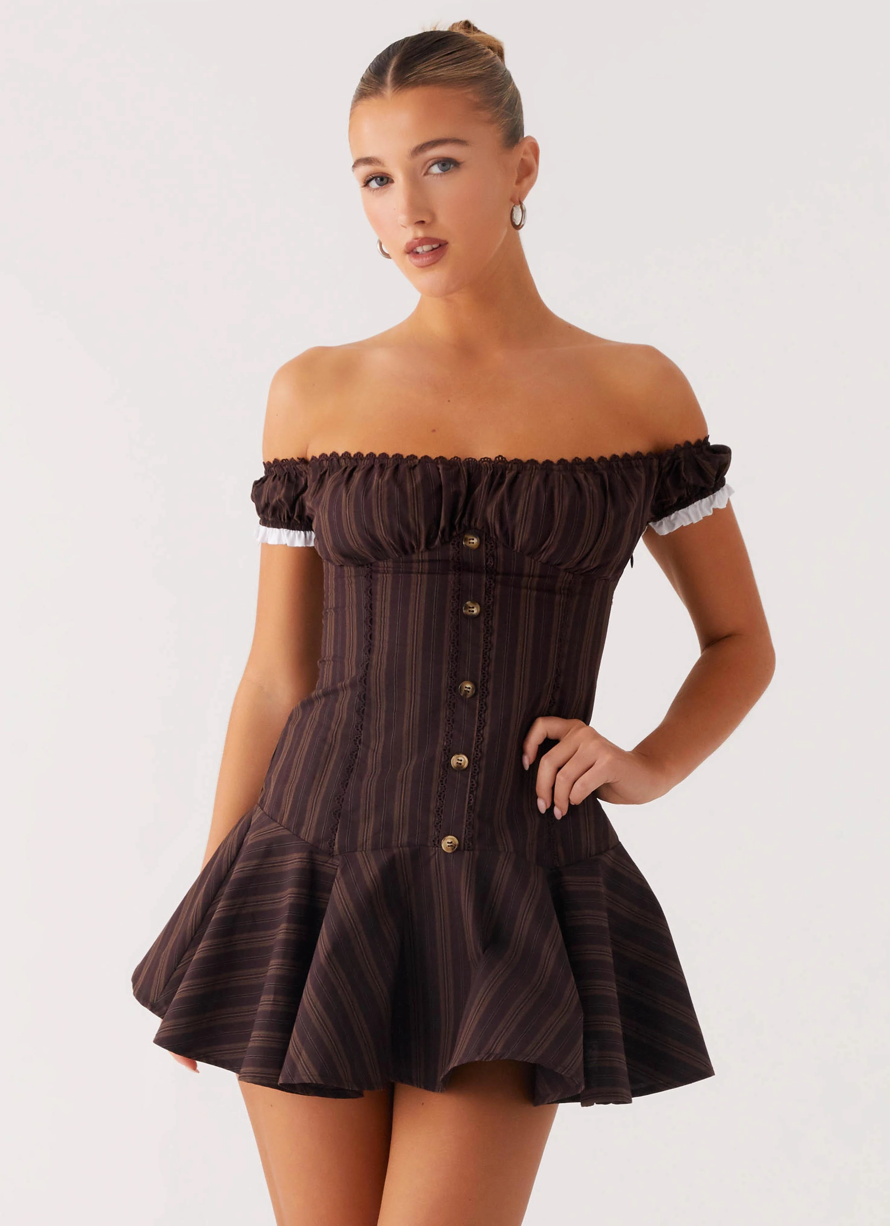 polka-dot Jumana Off Shoulder Mini Dress - Toffee Stripe