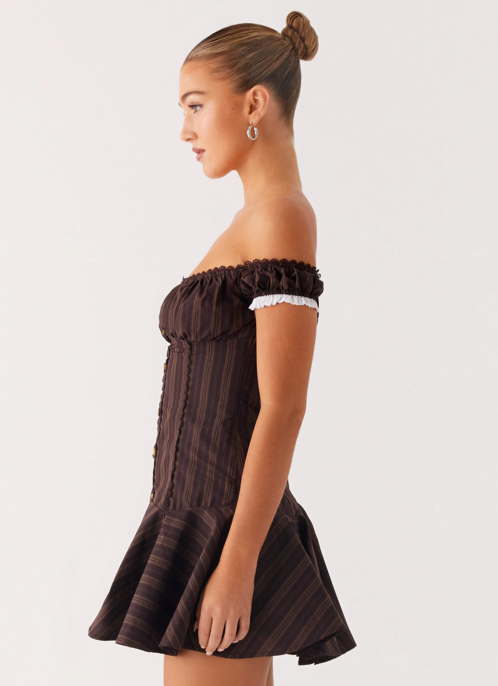 Jumana Off Shoulder Mini Dress - Toffee Stripe Simple yet chic gown