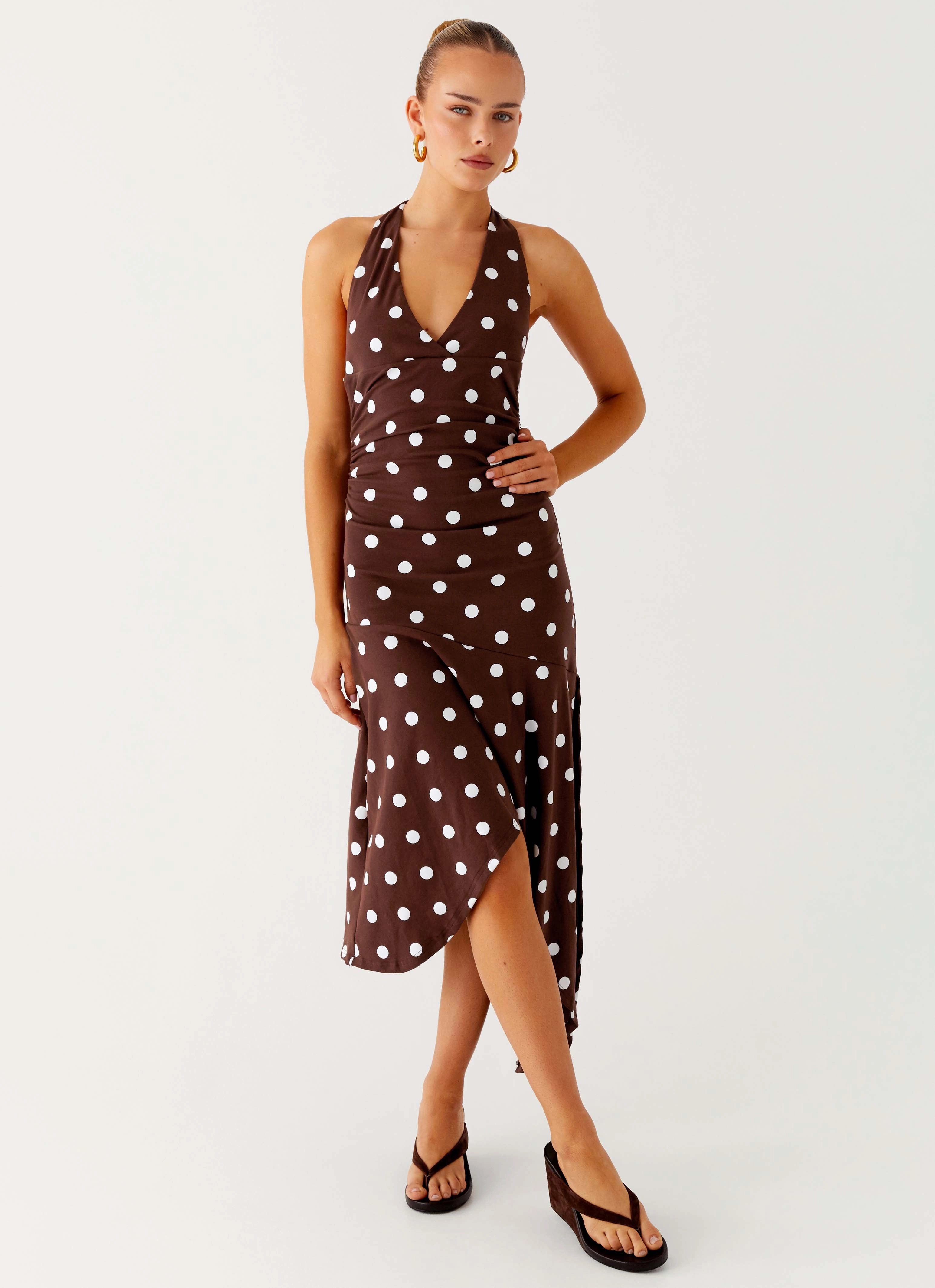 Keylani Halter Midi Dress - Chocolate Flexible Fit Theater-Night