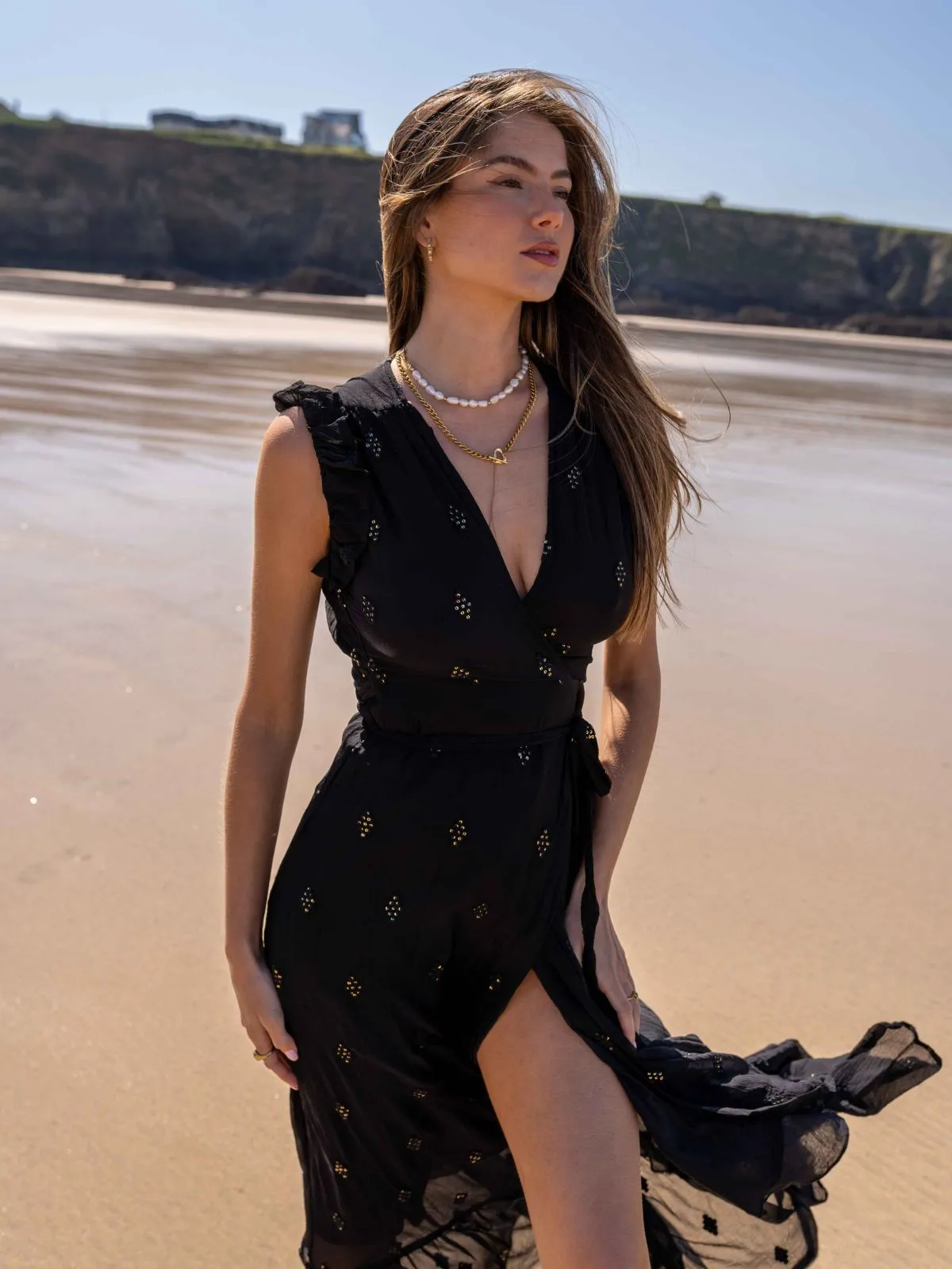 South Beach Lagos Sequin Wrap Midi Beach Dress / Black Bare Arm