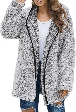 PETYCZEN Winter Coats for Women,Fuzzy Sherpa Lapel Open Front Long Cardigan Coat Fleece Lined Zip Up Hooded Jackets Outerwear