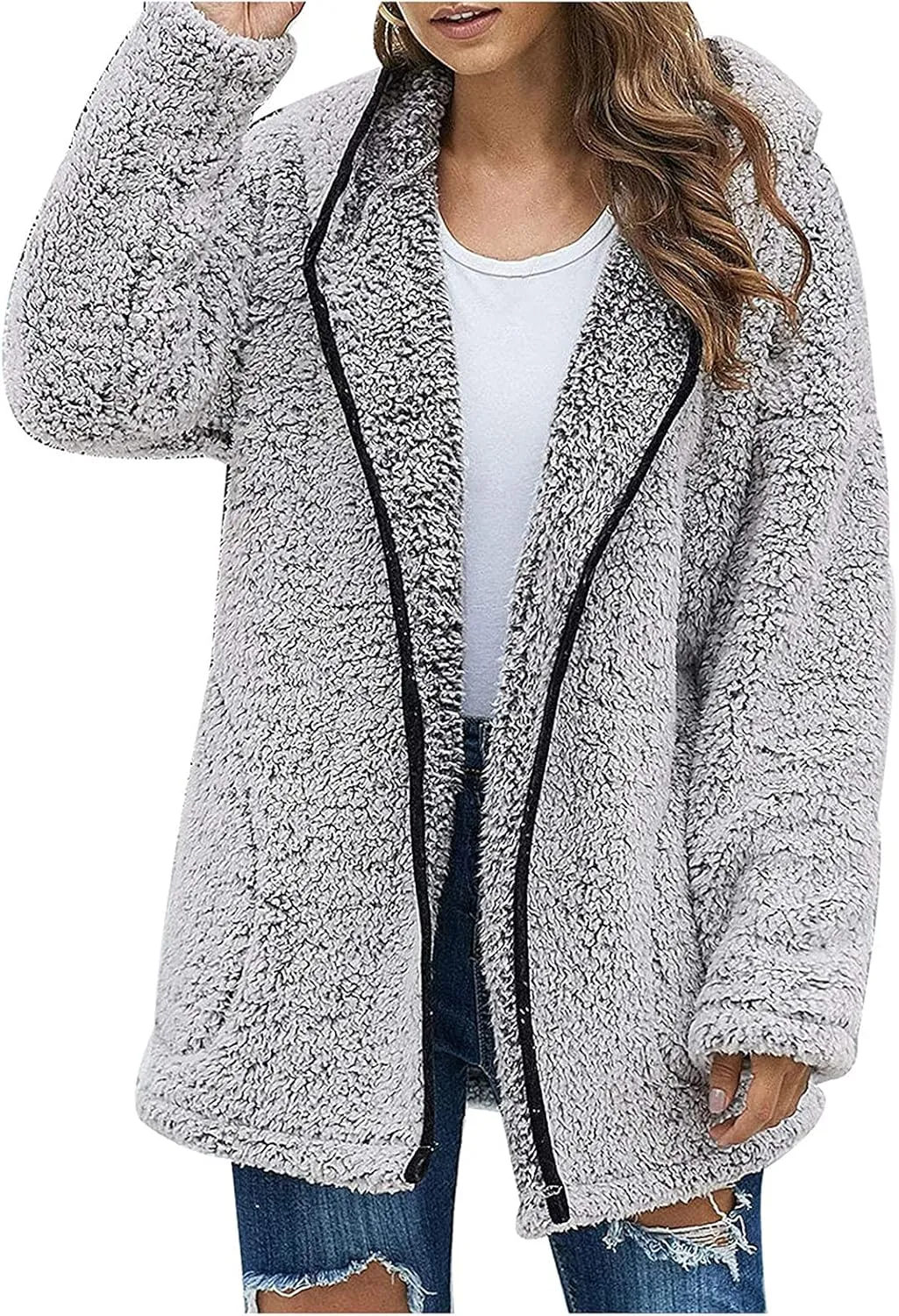PETYCZEN Winter Coats for Women,Fuzzy Sherpa Lapel Open Front Long Cardigan Coat Fleece Lined Zip Up Hooded Jackets Outerwear