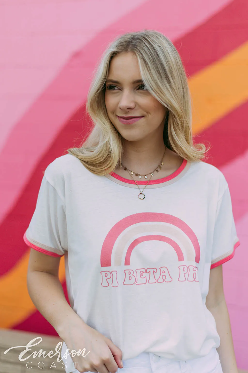 Pi Phi Pink Rainbow Ringer Tshirt