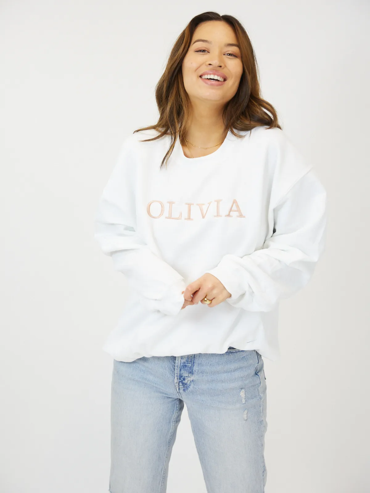 Layered Ply Construction ChafeFreeEdging Pia Personalised White Round Neck Sweater