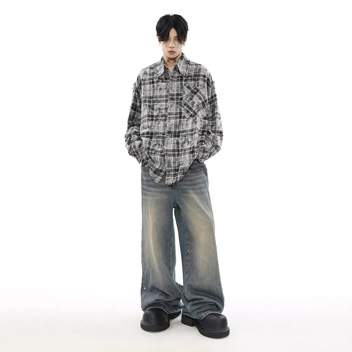 Plaid Tye-Dye Print Flannel Shirt