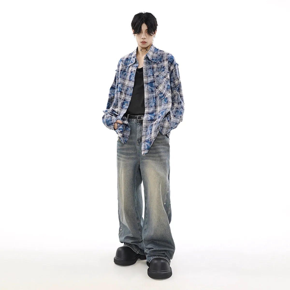 Plaid Tye-Dye Print Flannel Shirt