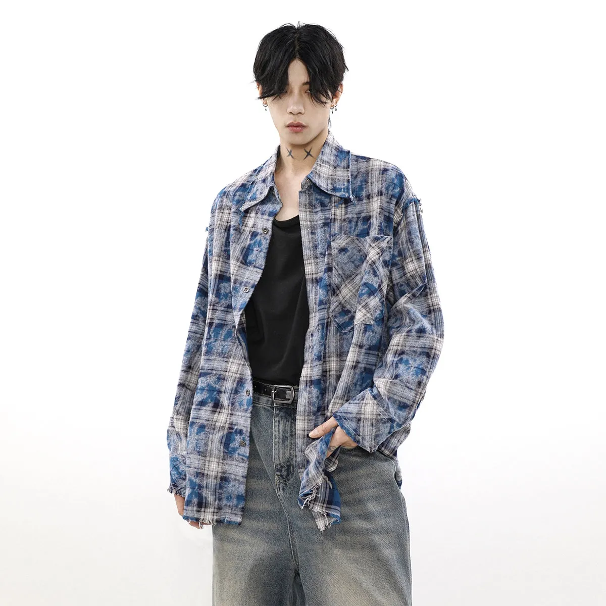 Plaid Tye-Dye Print Flannel Shirt
