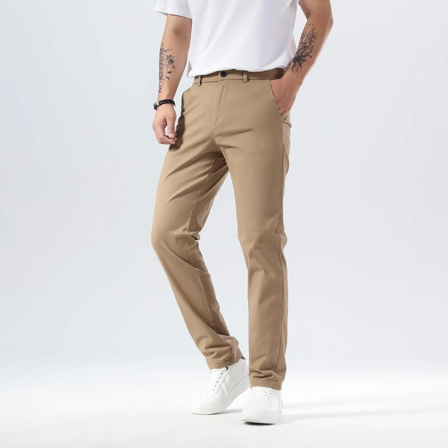 Plaid&Plain Mens Slim Fit Khaki Pants Mens Tapered Chino Pants